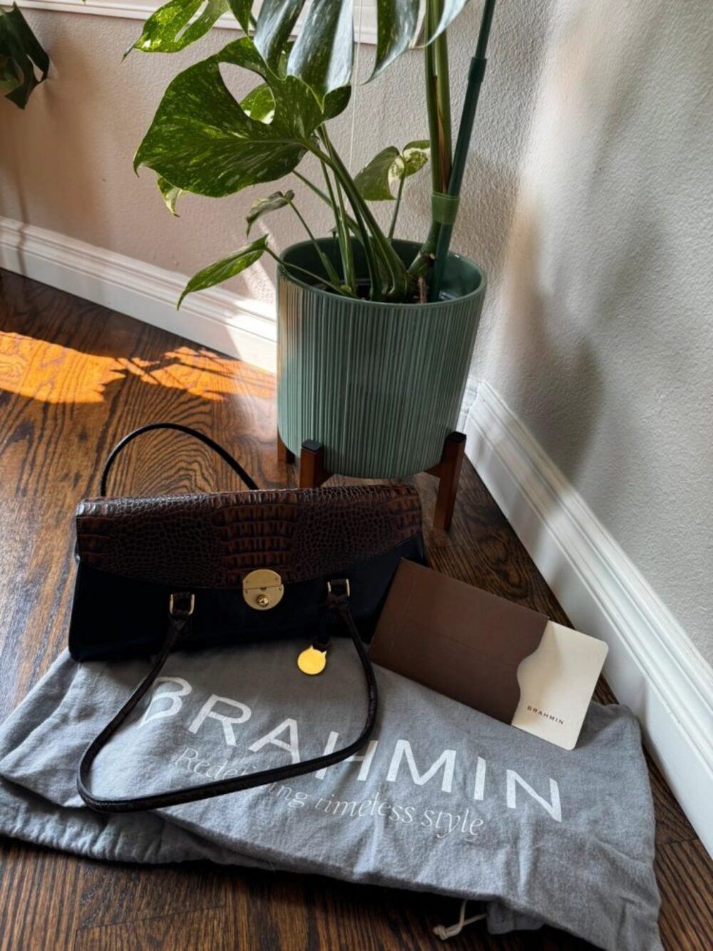 Vintage Brahmin Tuscan Leather Shoulder Bag - Black & Croc Brown